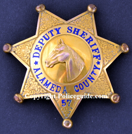 Alameda Co. Deputy Sheriff, gold front, #57 with applied horse head.