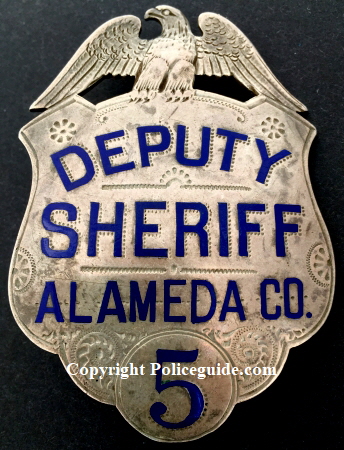 Alameda Co. Deputy Sheriff badge #5, sterling silver, hand engraved. Made by Hutchison Oakland, CAL.