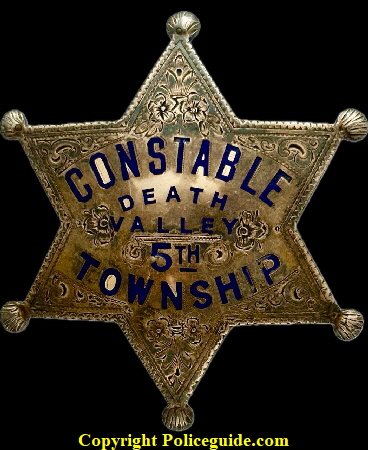 Constable Death Valley 5th Township star made of sterling with Gold Front by Ed Jones Oakland CAL. Most of the Gold Front is worn away and the sterling is coming through. Circa 1924. During this time the elected Constable was J. P. Artoga. Constable Death Valley 5th Township star made of sterling with Gold Front by Ed Jones Oakland CAL. Most of the Gold Front is worn away and the sterling is coming through. Circa 1924. During this time the elected Constable was J. P. Artoga.