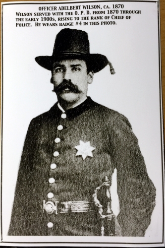 Officer Adelbert Wilson, circa 1870.  Wilson served with the O.P.D. from 1870 through the early 1900s, rising to the rank of Chief of Police.  He wears badge #4 in this photo.