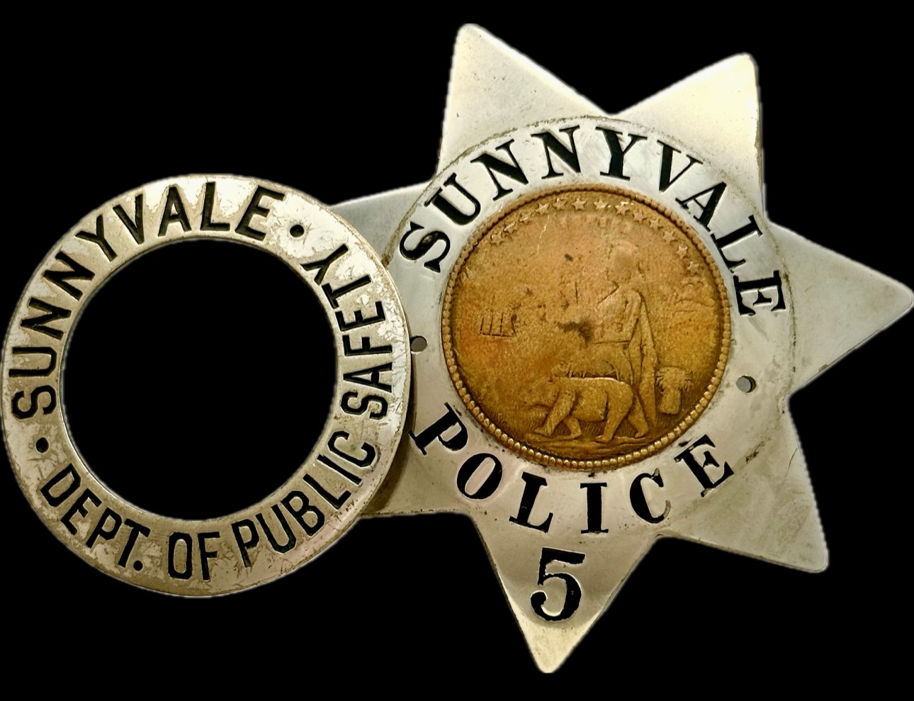 Sunnyvale police badge 5 showing the Dept. of Public Safety ring that was added to the badge when the department changed.  Hallmarked  Patrick and M. K. Co. San Francisco.  Circa 1950.