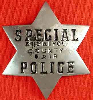 Siskiyou county fair police badge, nickel. Hallmarked L.A. Stamp Stat'y Co. Los Angeles. Siskiyou county fair police badge, nickel. Hallmarked L.A. Stamp Stat'y Co. Los Angeles.