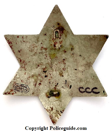 Back of Battle Mountain Constable badge circa 1886, hallmarked J. C. Irvine 339 Kearny St. S. F.