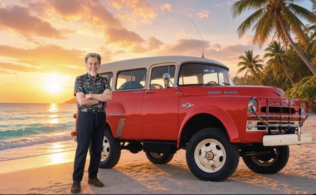 Beach at Sunset with 1957 Dodge Town Wagon Power Wagon