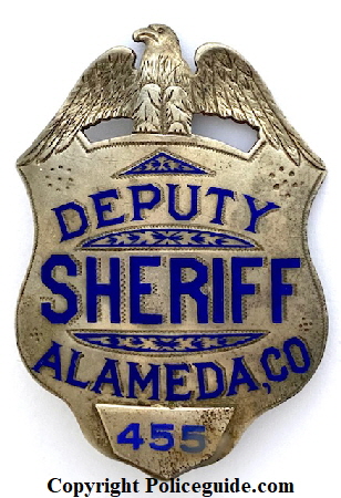  Alameda Co. Deputy Sheriff, sterling silver, hand engraved. Made by Oakland Jeweler and watchmaker George Fake.  Noted Alameda County historian and collector James Bolander advised me that this badge is the first deparment issue and that after the deparment went to a new style, these badges were numbered and issued to Special Deputies.  SKU3590