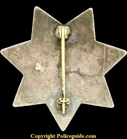 Circa 1920s this sterling silver hand engraved star is from the Brooklyn Township of Alameda Co.  Made by the Ed Jones Co. Oakland CAL.