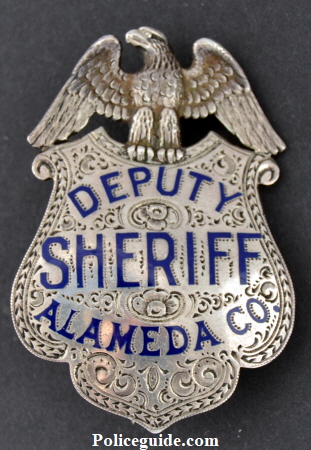 Alameda Co. Deputy Sheriff, sterling silver, hand engraved, Block and Roman lettering.