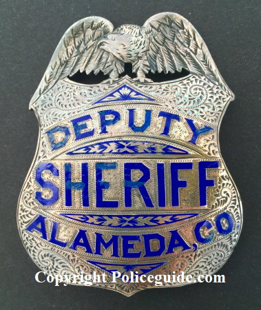 Alameda Co. Deputy Sheriff, sterling silver, hand engraved. Noted Alameda County historian and collector James Bolander told me that this badge is one of four ordered from Oakland Jeweler and watchmaker George Fake in the late 1890's.  Hallmarked Geo. Fake Sterling.