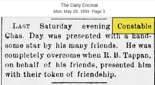 The Daily Encinal May 29, 1893 badge presented.