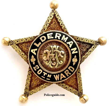 14k Gold aldermans badge Chicago 20th Ward, 1898, Frederick W. Alwart Frederick W. Alwart (1854-1922)   He served two terms as Alderman of the 20th Ward (1897-1899).