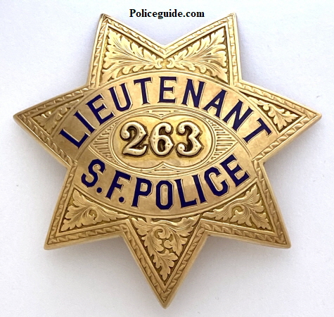 14k gold San Francisco Police Lieutenant star No. 263, made by Irvine & Jachens and dated 12-9-29.
