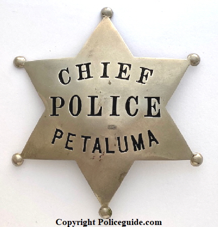 1st Chief of Police badge in Petaluma worn by E. A. Husler. 1st Chief of Police badge in Petaluma worn by E. A. Husler.