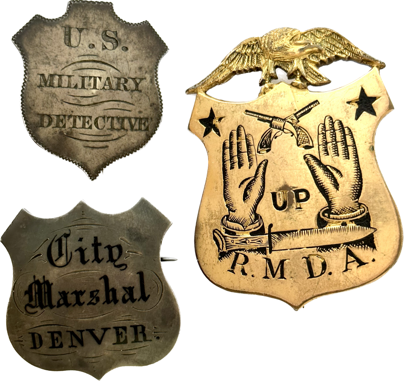 Badges of David Cook Personal shields worn by Col. David J. Cook during his fascinating career in law enforcement include his Civil War U.S. Military Detective shield, City Marshal Denver shield and his Rocky Mountain Detective Association shield. Badges of David Cook Personal shields worn by Col. David J. Cook during his fascinating career in law enforcement include his Civil War U.S. Military Detective shield, City Marshal Denver shield and his Rocky Mountain Detective Association shield.