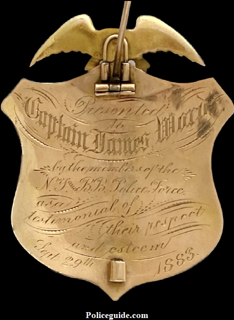 14k gold Brooklyn Bridge Captain presentation:  Presented to Captain James Ward  by the members of the N.Y. & B.B. Police Force as a testimonial of their respect and esteem.  Sept. 29th, 1883.