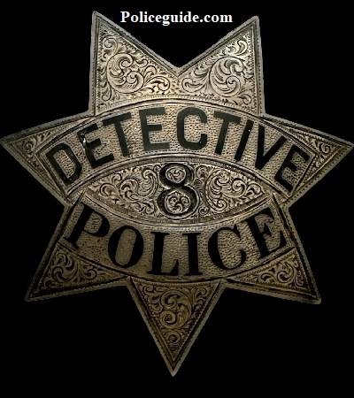 This early Chico police Detective badge #8 is made of sterling silver and is beautifully hand engraved.  It was part of the Charles Hunter collection.