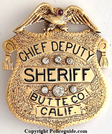 Chief Deputy Sheriff Butte Co. Calif. 14k jeweler made presentation badge.  C. W. Toland to Wm M. Alexaner.  Born February 19, 1889.  From 1920 to 1933  he was the Undersheriff.  SKU6931