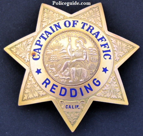Captain of Traffic badge for the Redding Police dept.  Badge is Gold Front.