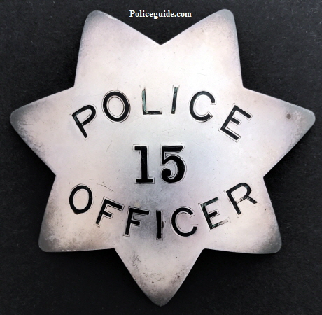This 1st issue Alameda Police badge #15 is sterling silver and hallmarked by A. O. Gott Alameda, CA Jeweler and Optician.