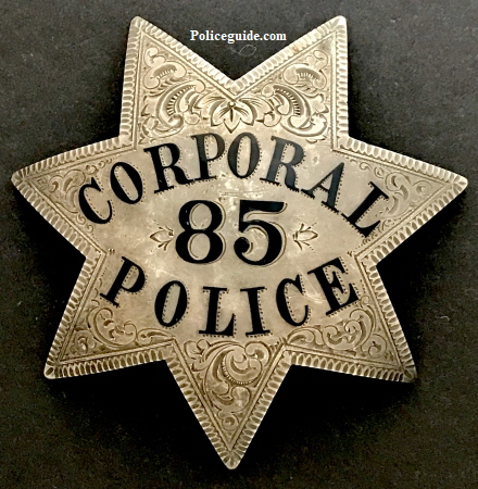 Michael Joseph O'Reilly wore badge #85.  He was born in Kilkenny Ireland in April 1,1877.  Died Aug 14, 1943 in Alameda.  He was first appointed to the OPD October 10, 1906.  In 1919 he was promoted to the rank of Corporal.