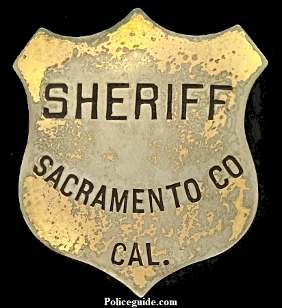 This badge was obtained from the family of Sacramento Sheriff Adolph Heilbron who served from 1880-1882.  It was made by Will & Finck San Francisco.  It is believed that this badge was the very one purchased in 1872 and first worn by Sheriff Michael Bryte 1872-1874 and then by Hugh McElroy LaRue 1874-1876, and then by Sheriff Moses M. Drew 1876-1878, 1878-1880, and finally Adolph Heilbron.