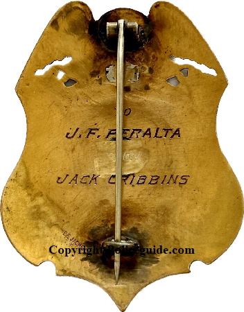 San Leandro Police Chief Peralta Badge back showing presentation. Made by Irvine & Jachens S. F. San Leandro Police Chief Peralta Badge back showing presentation. Made by Irvine & Jachens S. F.