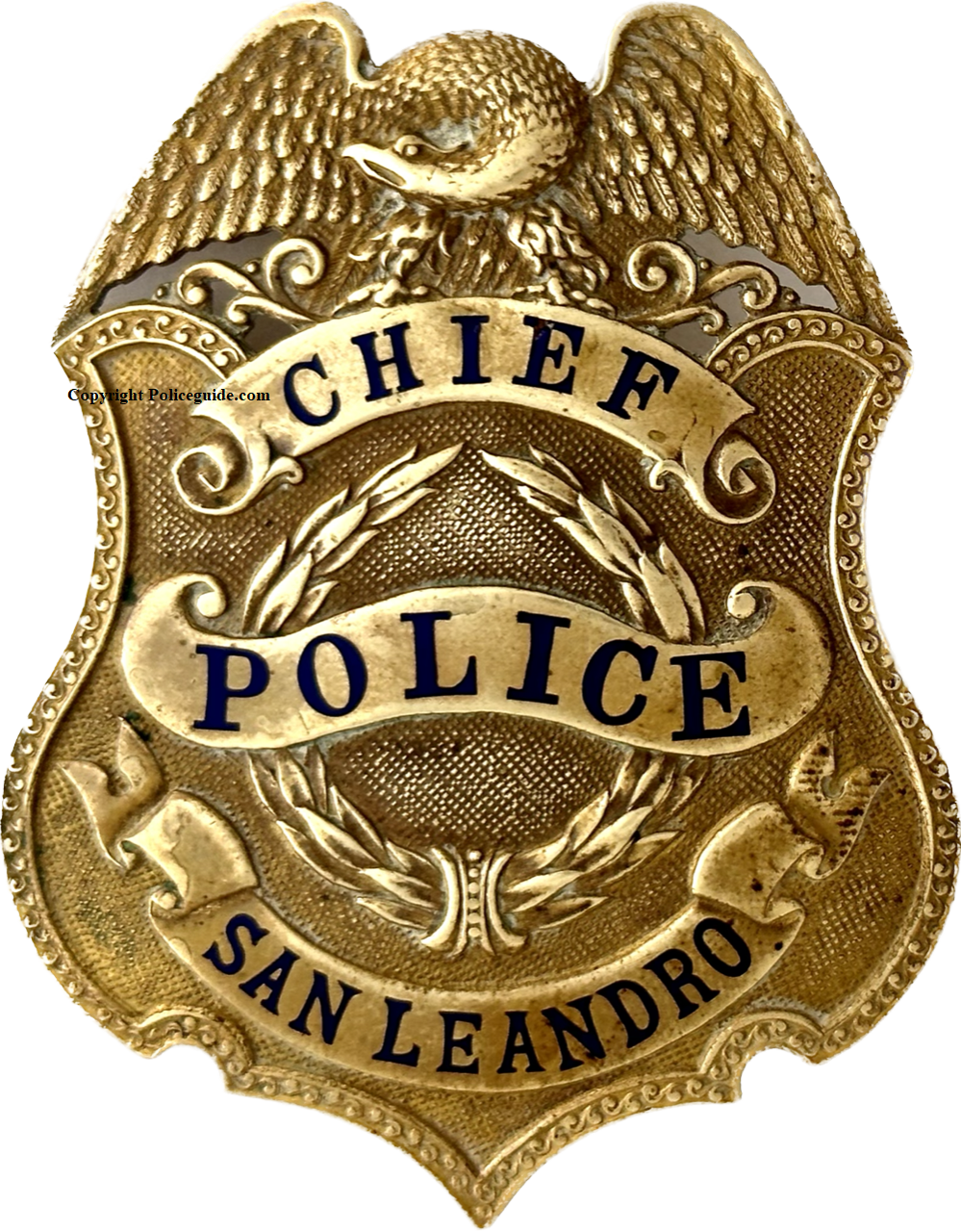 Presentation on reverse reads To J. F. Peralta From Jack Cribbins. This badge is thought to have been Chief Peralta’s first Chief of Police badge. After the 14k gold badge below with presentation was presented to him this badge was used as a hat badge. A post was placed on the back in the center to secure the badge to a hat. Sadly this post was placed directly over the word “from” in the presentation. It has since had the post removed and restored by a jeweler. Presentation on reverse reads To J. F. Peralta From Jack Cribbins. This badge is thought to have been Chief Peralta’s first Chief of Police badge. After the 14k gold badge below with presentation was presented to him this badge was used as a hat badge. A post was placed on the back in the center to secure the badge to a hat. Sadly this post was placed directly over the word “from” in the presentation. It has since had the post removed and restored by a jeweler.