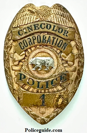 CineColor Corrporation Police badge #1, made by Entenmann Los Angeles.  The Cinecolor process was invented in 1932 by English-born cinematographer William T. Crespinel (1890–1987), who joined the Kinemacolor Corporation in 1906, and who went to New York in 1913 to work with Kinemacolor's American unit. After that company folded in 1916, he worked for Prizma, another color film company, founded by William Van Doren Kelley. He later worked for Multicolor, and patented several inventions in the field of color cinematography.