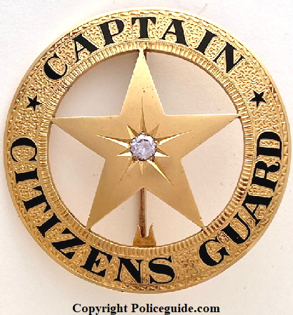 14k gold presentation badge, Captain Citizens Guard badge presented on February 2, 1895 to Captain F. B. McStocker.  Al Mize Collection.