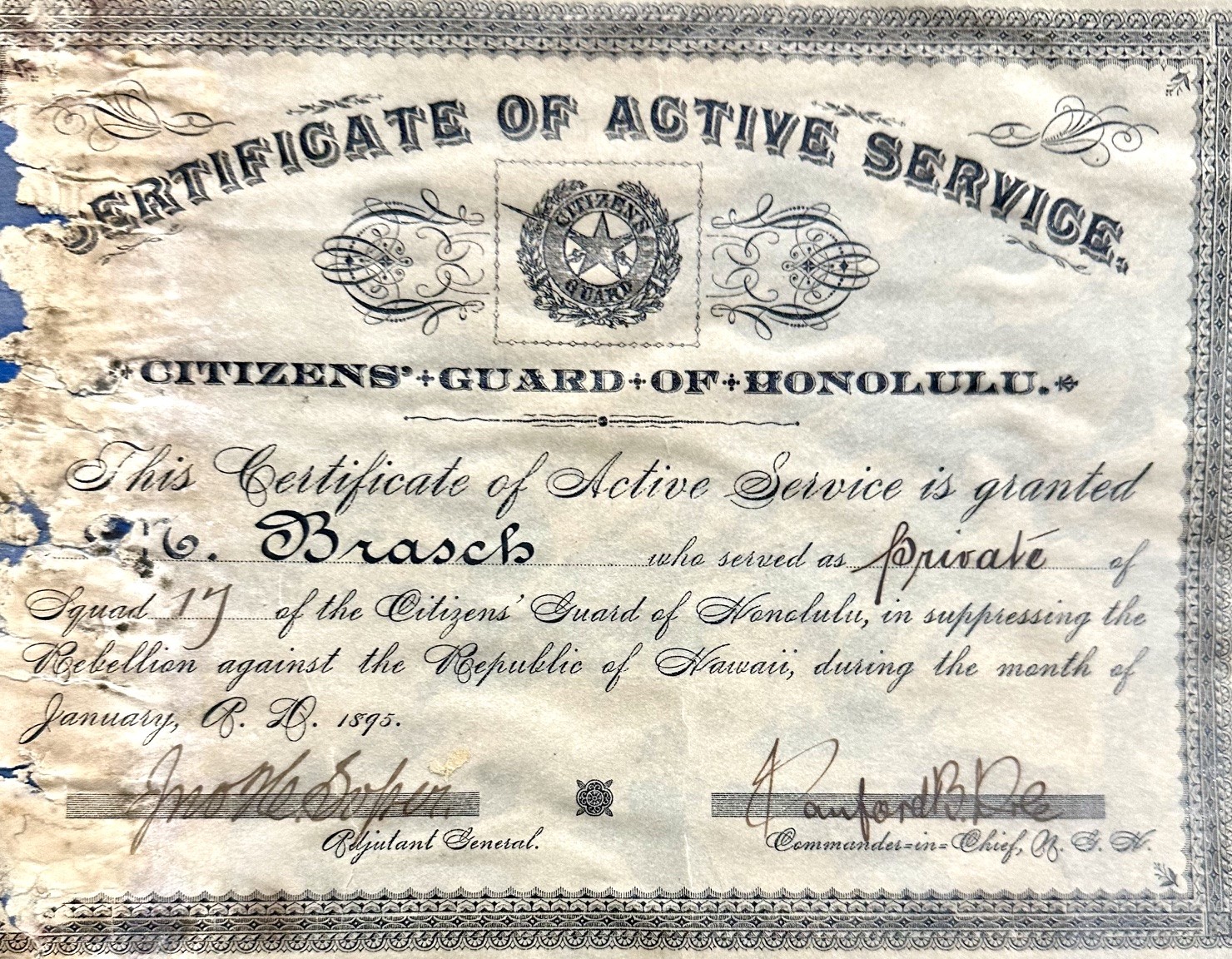Citizens Guard of Honolulu 1895 Certificate