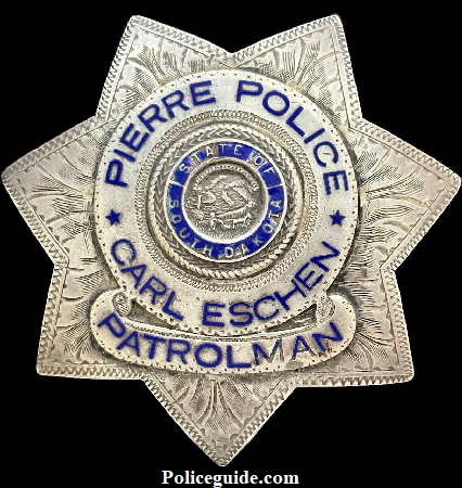 Pierre Police, Carl Eschen Patrolman badge, made of sterling silver and hallmarked Nielsen N.Y.C. Rionda Inc.