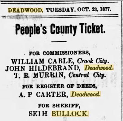 TheBlackHillsDailyTimes24Oct1877SethBullockForSheriff