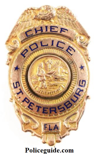 St.Petersburg Police Chief badge,  presented to J. R. Reichert who served from  1-18-1927 to 10-1-1958.  Badge is marked 10k S. H. Reese New York.