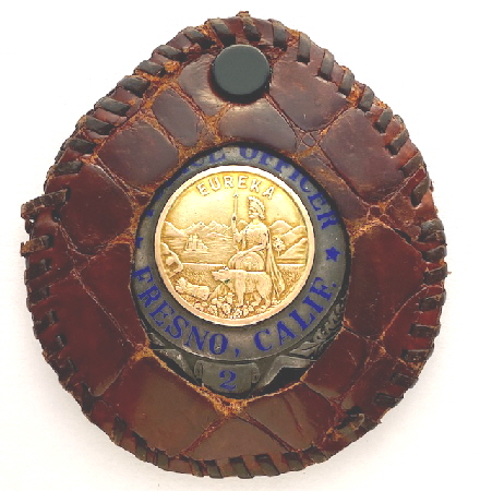 Fresno PD badge No. 2, as it came in a leather pouch.