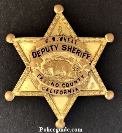 Fresno Co. deputy sherrif badge named to W. W. Wheat, made by Entenmenn circa 1928.