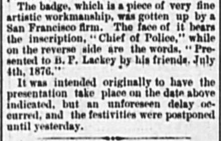 Gold Hill Daily News August 7, 1876 Badge Presented 2