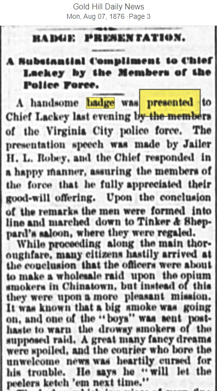 Gold Hill Daily News August 7, 1876 Badge Presented