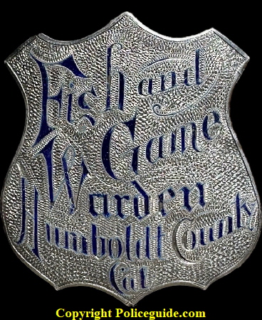 Humboldt County Fish and Game Warden shield, made of sterling silver with hard fired blue enamel lettering. The enamel work is exceptional and the jeweler reinforced the back of the badge to insure the badge did not flex and pop out the enamel. Humboldt County Fish and Game Warden shield, made of sterling silver with hard fired blue enamel lettering. The enamel work is exceptional and the jeweler reinforced the back of the badge to insure the badge did not flex and pop out the enamel.