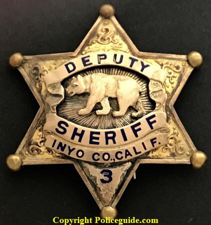  Inyo County Deputy Sheriff Badge #3 worn by M. F. “Cub” Culbertson.  Made by Ed Jones Co. and hallmarked Sterling.  Over the sterling was a gold wash.  SKU4102