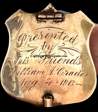 Jefferson Co. MO Sheriff 14k gold presentation badge:  Presented by His "Friends" William A. Crader Aug. 4, 1913.