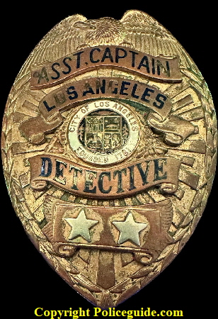 Los Angeles Police Asst. Captain Detective shield, hallmarked Carl Entenmann Jewelry Co Los Angeles CAL.