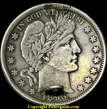 J. P. Ranger Deputy Sheriff Worcester Co. Mass. badge made from a 1893 Barber Half Dollar.