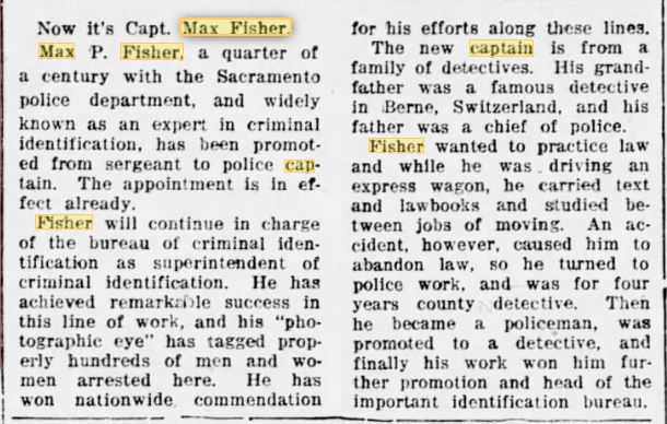 Fisher is made Captain Sac Star 02 July 1921 5