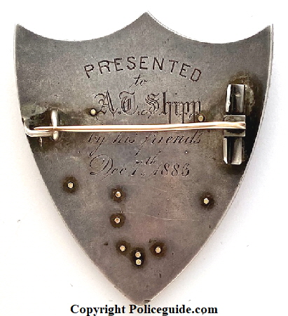 Back of Sargent of Police No. 3 St. Louis, MO Police Dept. Made of sterling & gold. Presented to Sgt.Anderson T. Shipp. Back of Sargent of Police No. 3 St. Louis, MO Police Dept. Made of sterling & gold. Presented to Sgt.Anderson T. Shipp.