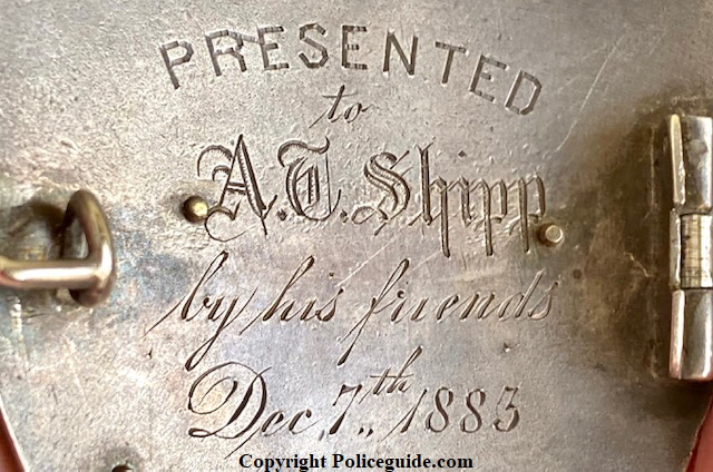 Sargent of Police No. 3 St. Louis, MO Police Dept. Made of sterling & gold. Presented to A. T. Shipp by his friends Dec. 7th 1883. Sargent of Police No. 3 St. Louis, MO Police Dept. Made of sterling & gold. Presented to A. T. Shipp by his friends Dec. 7th 1883.