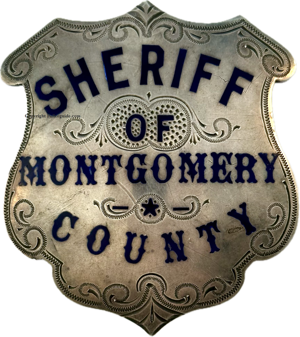 Sheriff Montgomery Co. MO shield of J. T. Hunt.  Back of badge the presentation reads:  From M.R.C. to J.T. Hunt., made by Wirth & Jachens S. F. circa 1900.