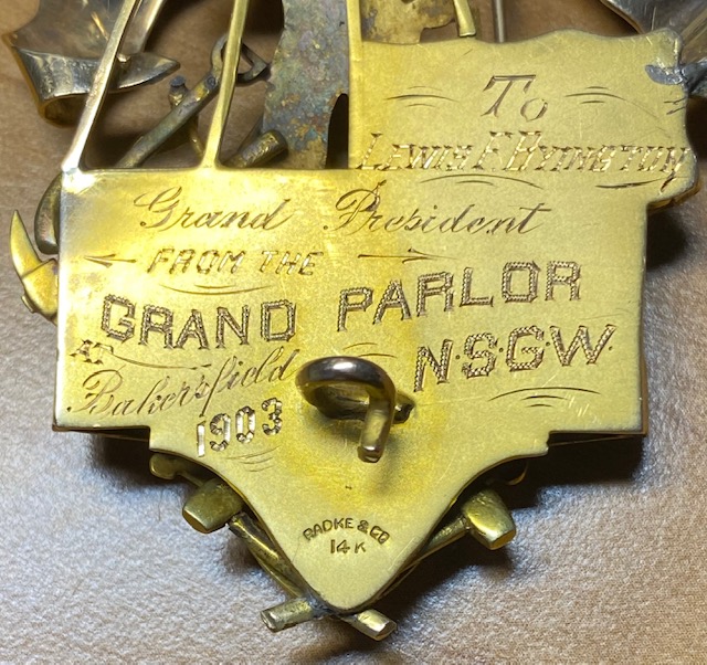 To Lewis F. Byington Grand President / From the Grand Parlor Bakersfield  / 1903 N.S.G.W.   Hallmarked Radke & Co. 14k.