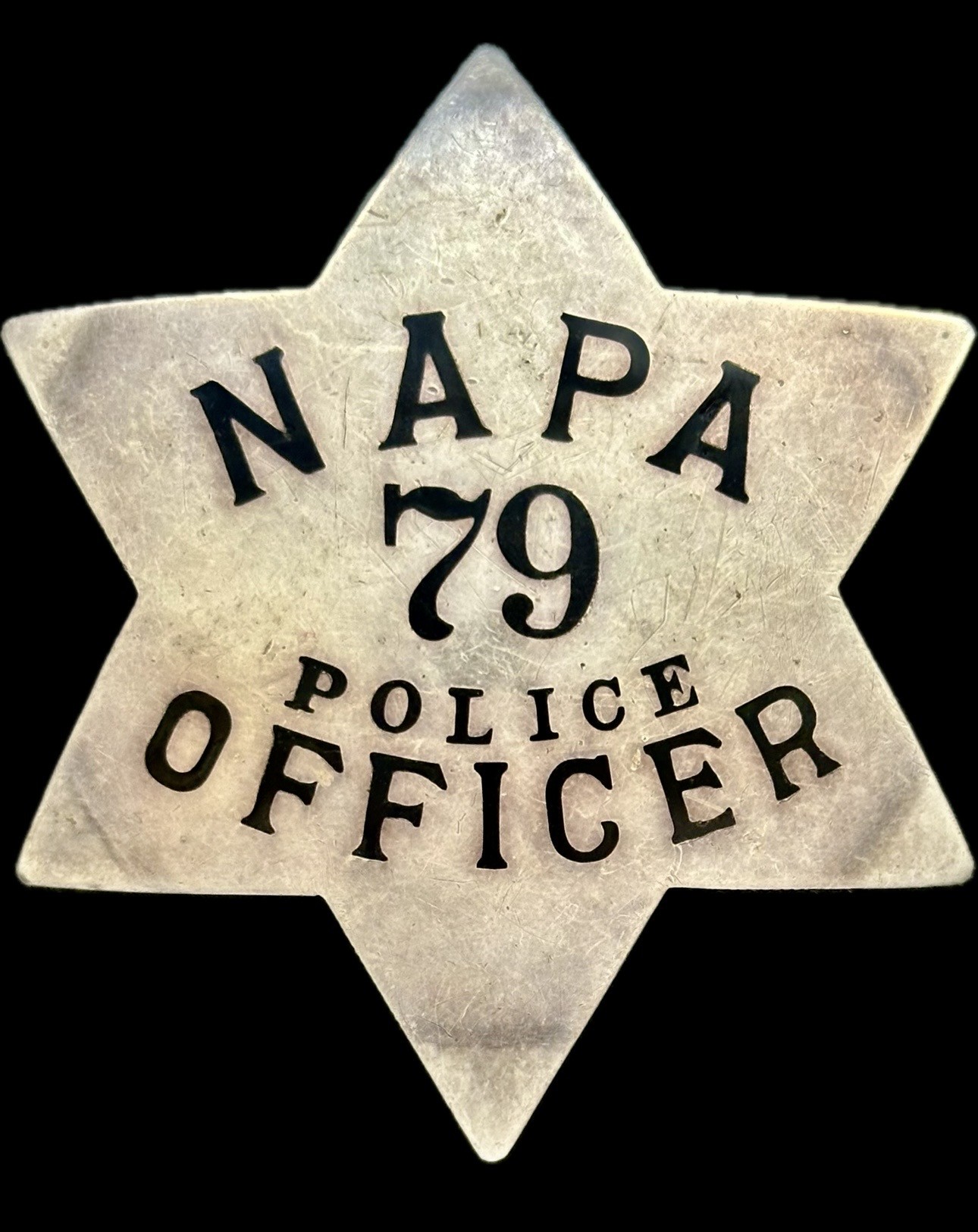 Napa Police star No. 79, sterling silver, made by Ed Jones & Co. 