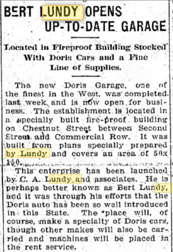 Nevada State Journal January 13, 1908 Lundy Opens Garage