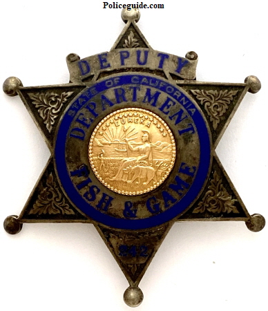 State of California Department of Fish & Game badge #242.  Hallmarked Ed Jones & Co. Oakland, CAL Sterling Gold Front.