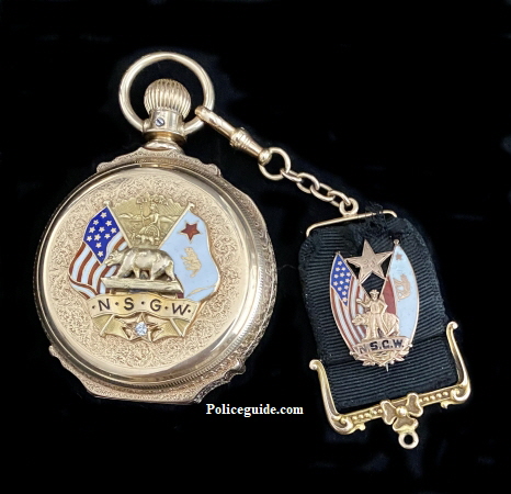 This beautiful Native Sons of the Golden West watch and fob set are both made by and hallmarked Shreeve Jewelry S. F. 14k.